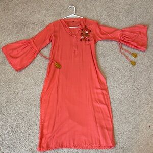 Coral Embroidered Bell-Sleeve Kurti